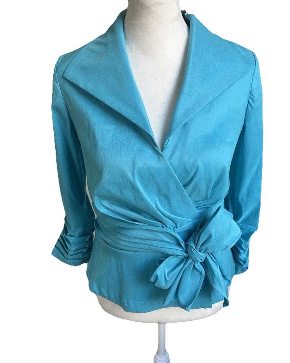Tadashi Shoji Satin Wrap Blouse Women 6P Evening Cocktail Top Blue Artsy NWT